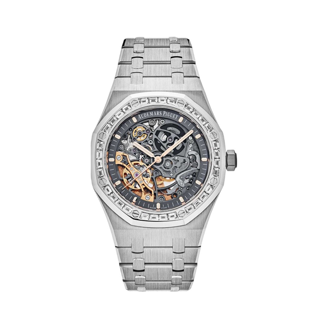 Audemars Piguet Royal Oak 15412BC.ZZ.1220BC.01 Double Balance Wheel White Gold Baguette-cut Diamond Bezel 41mm Skeleton Dial Men's Watch - Luxury Souq Audemars Piguet Royal Oak 15412BC.ZZ.1220BC.01 Double Balance Wheel White Gold Baguette-cut Diamond Bezel 41mm Skeleton Dial Men's Watch - Luxury Souq
