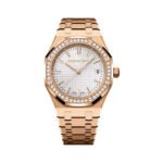 Audemars Piguet Royal Oak 77451OR.ZZ.1361OR.03 Rose Gold Diamond Bezel 34mm Silver Dial Ladies Watch - Luxury Souq