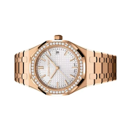 Audemars Piguet Royal Oak 77451OR.ZZ.1361OR.03 Rose Gold Diamond Bezel 34mm Silver Dial Ladies Watch - Luxury Souq