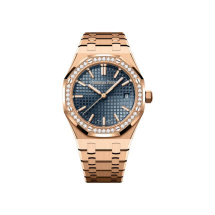 Audemars Piguet Royal Oak 77451OR.ZZ.1361OR.04 Rose Gold Blue Dial 34mm Diamond Bezel - Luxury Souq