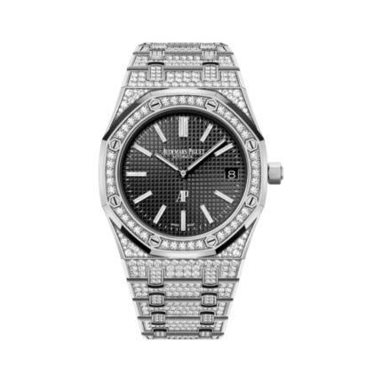 Audemars Piguet Royal Oak Jumbo Extra Thin 15202BC.ZZ.1241BC.03 Black Dial Full Paved Diamond White Gold 39mm Men's Watch - Luxury Souq