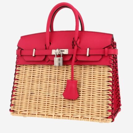 Hermès Birkin 25 cm Picnic handbag in raspberry pink Swift leather and wicker