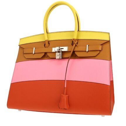 Hermes Birkin 35 cm handbag Sunrise Rainbow in yellow Lime, Rose Confetti, Sésame beige and brown Terre epsom leather