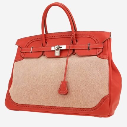 Hermes Birkin Ghillies 40 cm handbag in sanguine smooth leather and beige canvas