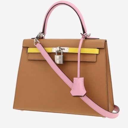 Hermès Kelly 25 cm handbag in beige Chai, mauve Sylvestre and yellow Lime tricolor epsom leather