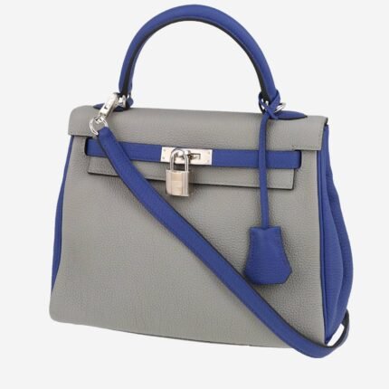Hermès Kelly 25 cm handbag in Gris Mouette and electric blue togo leather