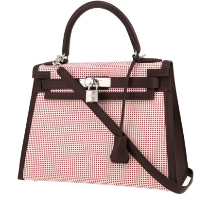 Hermès Kelly 28 cm Quadrille handbag in bicolor canvas and red Sellier Swift leather