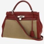 Hermes Kelly 32 cm handbag in red H Swift leather and khaki canvas