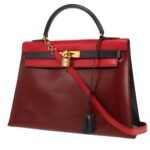Hermès Kelly 32 cm handbag in red, navy blue and burgundy box leather