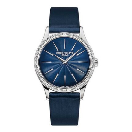 Patek Philippe Calatrava 4897/300G-001 Joaillerie Guilloched Night Blue Dial Baguette Cut Bezel 33mm 18k White Gold Midnight Blue Satin Strap Ladies Watch