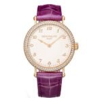 Patek Philippe Calatrava 7200/200R-001 Studded Silver Dial Diamond-Set Bezel 34.6mm 18kt Rose Gold Royal Purple Leather Straps Ladies Watch