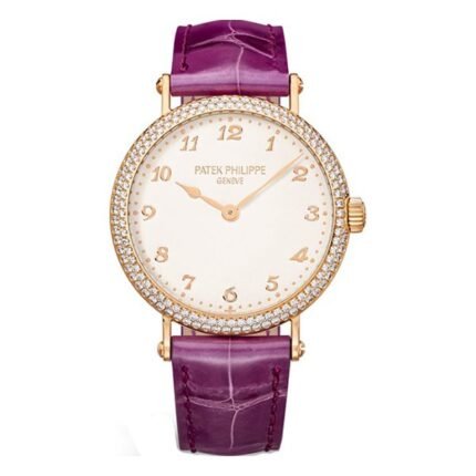 Patek Philippe Calatrava 7200/200R-001 Studded Silver Dial Diamond-Set Bezel 34.6mm 18kt Rose Gold Royal Purple Leather Straps Ladies Watch