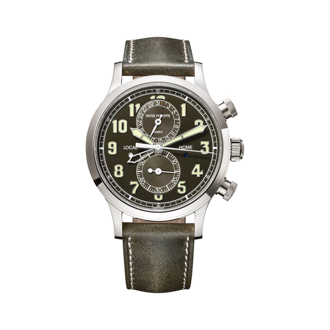 Patek Philippe Calatrava Pilot Travel Time 5924G-010 Flyback Chronograph White Gold Khaki Green Dial 42mm Men's Watch - Luxury Souq Patek Philippe Calatrava Pilot Travel Time 5924G-010 Flyback Chronograph White Gold Khaki Green Dial 42mm Men's Watch - Luxury Souq