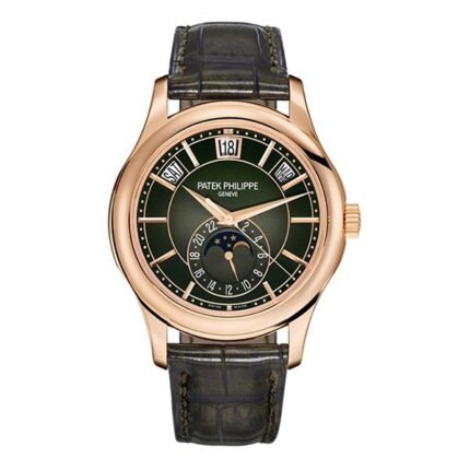 Patek Philippe Complications 5205R-011 Olive Green Sunburst Dial Annual Calendar 40mm 18k Rose Gold Black Leather Straps Men's Watch
