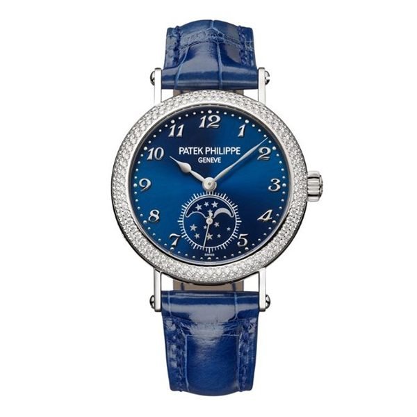 Patek Philippe Complications 7121/200G-001 Blue Sunburst Dial Moon Phase Diamond Set Bezel 33mm 18kt White Gold Shiny Blue Leather Straps Ladies Watch Patek Philippe Complications 7121/200G-001 Blue Sunburst Dial Moon Phase Diamond Set Bezel 33mm 18kt White Gold Shiny Blue Leather Straps Ladies Watch