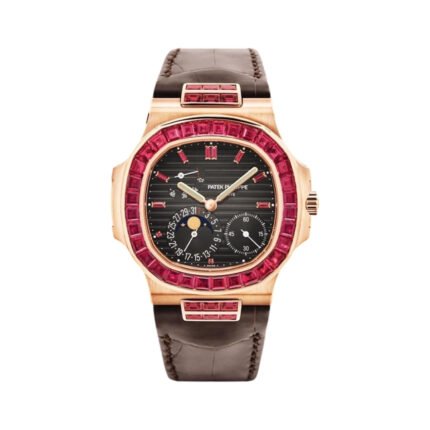 Patek Philippe Nautilus 5724/12R Moon-phases Rose Gold with Ruby Baguette Diamond Bezel 40.5mm Unisex Watch - Luxury Souq