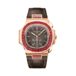 Patek Philippe Nautilus 5980/12R-010 Black Dial Ruby Bezel Chronograph 40mm 18k Rose Gold Black Leather Straps Men's Watch