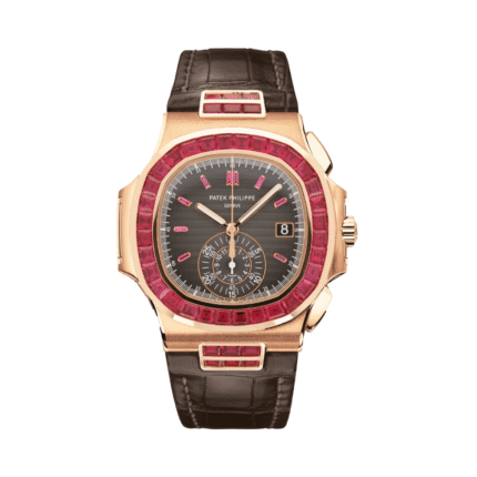Patek Philippe Nautilus 5980/12R-010 Black Dial Ruby Bezel Chronograph 40mm 18k Rose Gold Black Leather Straps Men's Watch