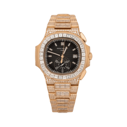 Patek Philippe Nautilus 5980/1400R-011 Chronograph Date Baguette Diamond Set Bezel 40.5mm 18k Rose Gold Full Diamonds Men's Watch