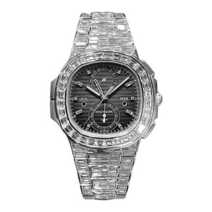 Patek Philippe Nautilus 5990/1400G-001 Travel Time Chronograph 40.5mm Black Gradated Dial 18k White Gold & Diamonds Men's Watch