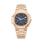 Patek Philippe Nautilus 5990/1R-001 Sunburst Blue Dial Travel Time Chronograph 40.5mm 18K Rose Gold Men's Watch