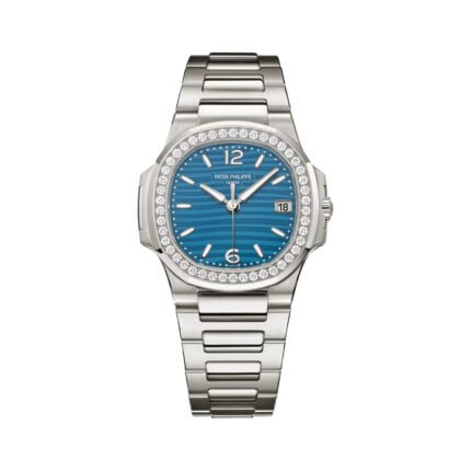 Patek Philippe Nautilus 7010/1G-013 White Gold Azure Blue Dial Diamond Bezel 32mm Ladies Watch - Luxury Souq