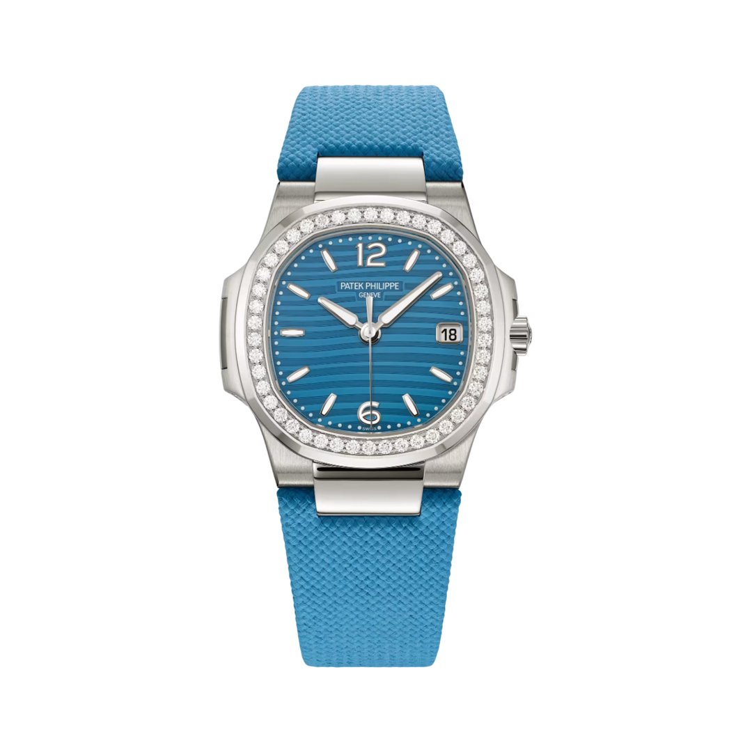 Patek Philippe Nautilus 7010G-013 White Gold Azure Blue Dial Diamond Bezel 32mm Ladies Watch - Luxury Souq Patek Philippe Nautilus 7010G-013 White Gold Azure Blue Dial Diamond Bezel 32mm Ladies Watch - Luxury Souq