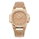 Patek Philippe Nautilus 7010R-012 Golden Index Dial Diamond-Set Bezel 32mm 18k Rose Gold Beige Leather Straps Ladies Watch