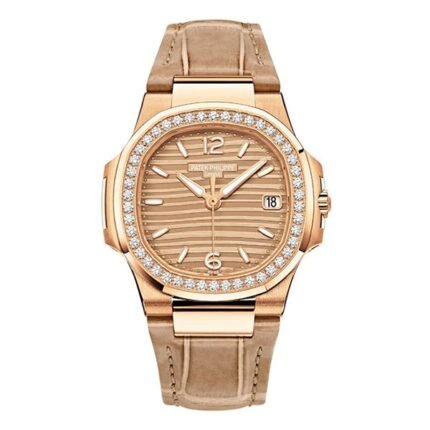 Patek Philippe Nautilus 7010R-012 Golden Index Dial Diamond-Set Bezel 32mm 18k Rose Gold Beige Leather Straps Ladies Watch