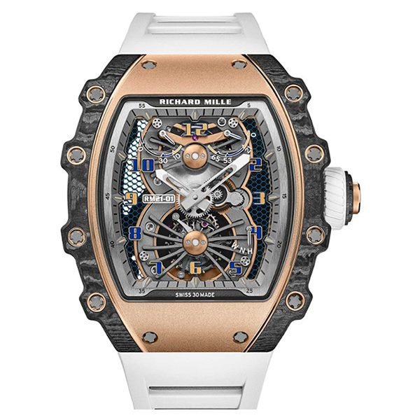 Richard Mille RM 21-01 Tourbillon Aerodyne Rose Gold & Carbon Dial 42.68mm x 50.12mm White Rubber Straps Men's Watch Richard Mille RM 21-01 Tourbillon Aerodyne Rose Gold & Carbon Dial 42.68mm x 50.12mm White Rubber Straps Men's Watch