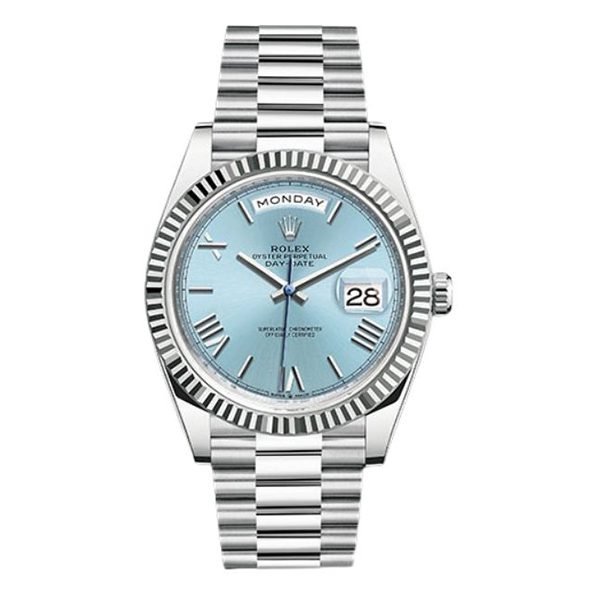 Rolex Day-Date 228236 Ibrp Platinum Fluted Bezel 40Mm Ice Blue Roman Dial President Bracelet Men'S Watch - Luxury Souq