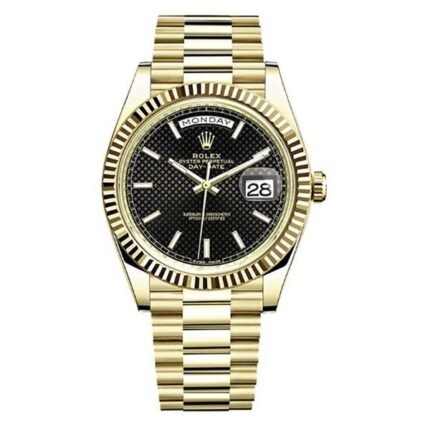 Rolex Day-Date 228238-0007 BKDMIP 40mm 18kt Yellow Gold in Black Diagonal Motif Stick Dial Men'S Watch - Luxury Souq
