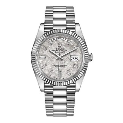 Rolex Day-Date 228239-0055 40Mm White Gold Fluted Bezel Meteorite Baguette Diamond Dial Men'S Watch - Luxury Souq