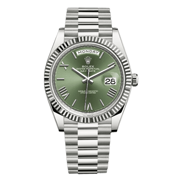 Rolex Day-Date 228239 OGRP Olive Green Beveled Roman Fluted Bezel Dial 40mm 18kt White Gold Jubilee Bracelet Men's Watch Rolex Day-Date 228239 OGRP Olive Green Beveled Roman Fluted Bezel Dial 40mm 18kt White Gold Jubilee Bracelet Men's Watch