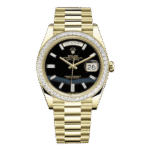 Rolex Day-Date 228398TBR ONBDP Onyx Dial 18k Yellow Gold and Baguette Diamond Paved Bezel 40mm 18k Yellow Gold Men's Watch