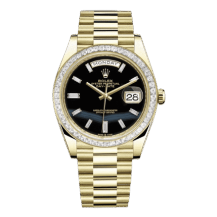 Rolex Day-Date 228398TBR ONBDP Onyx Dial 18k Yellow Gold and Baguette Diamond Paved Bezel 40mm 18k Yellow Gold Men's Watch