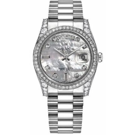 Rolex Day-Date 36 White Gold White Mother Of Pearl Diamond Dial Men'S Watch - Luxury Souq