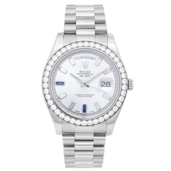 Rolex Oyster Perpetual Day-Date Ii 41Mm Silver Diamond Sapphire Baguette Men'S Watch - Luxury Souq